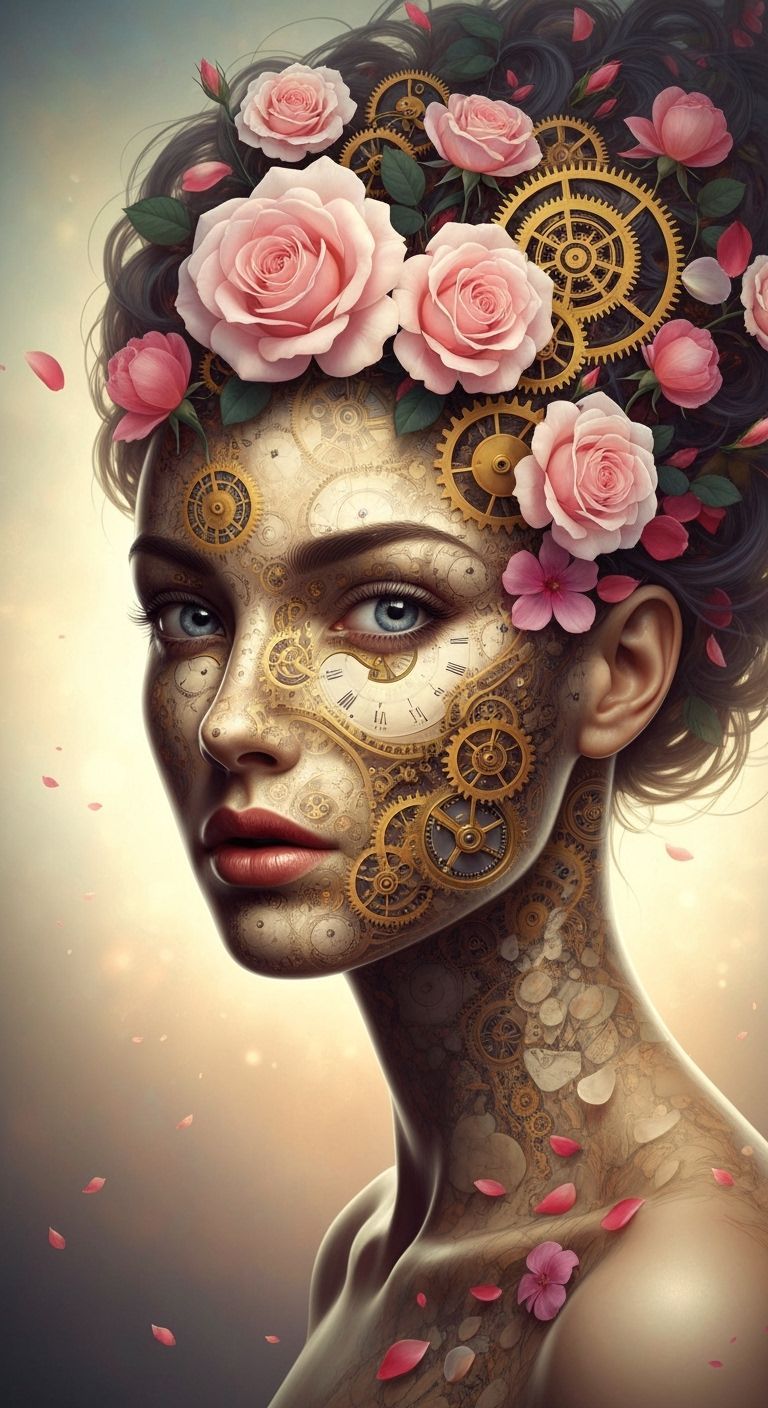 Surreal Woman Portrait of Flowers and Clockwork Gears