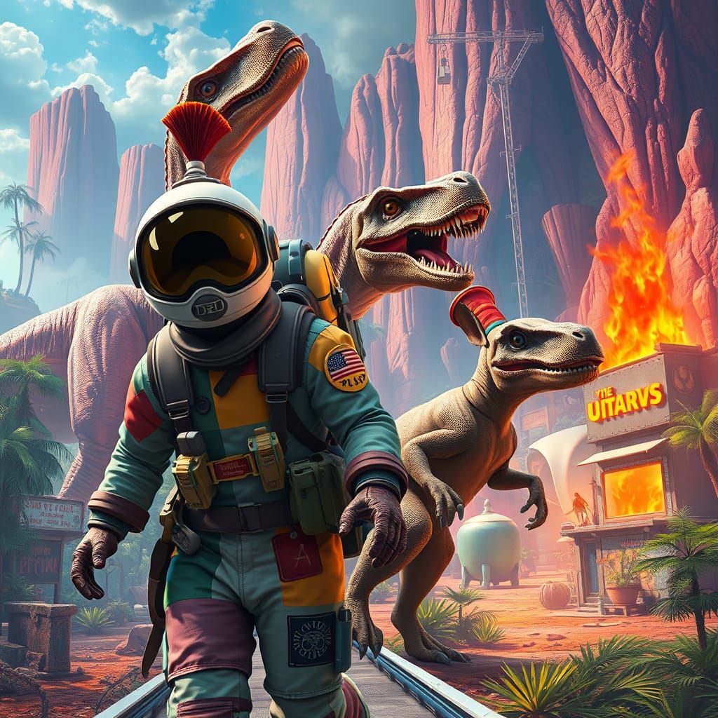 Time Traveler and Velociraptor in a Technicolor Jungle