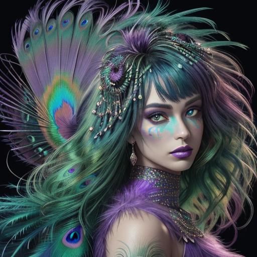 Rainbow Woman with Peacock Feathers in Digital Art Style