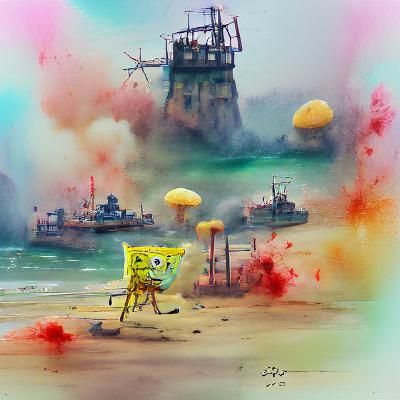 SpongeBob War Crime Scene in Watercolor Style