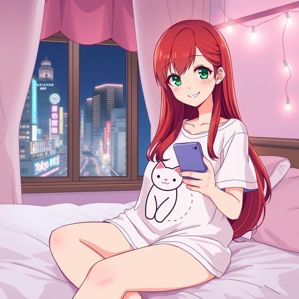 Adorable Japanese Girl Smiles in Cozy Tokyo Bedroom