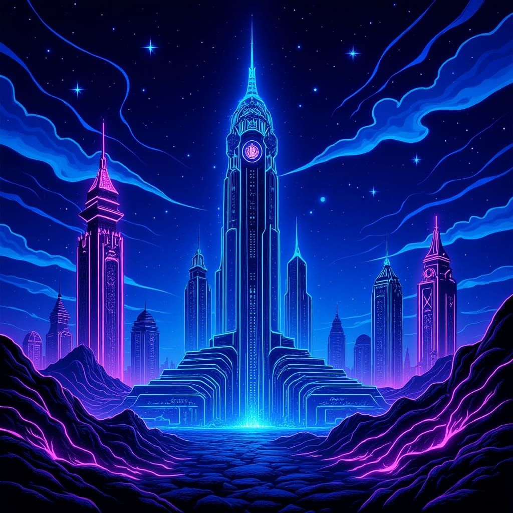 Prismatic Cyberpunk Arcology Landscape with Neon Glow