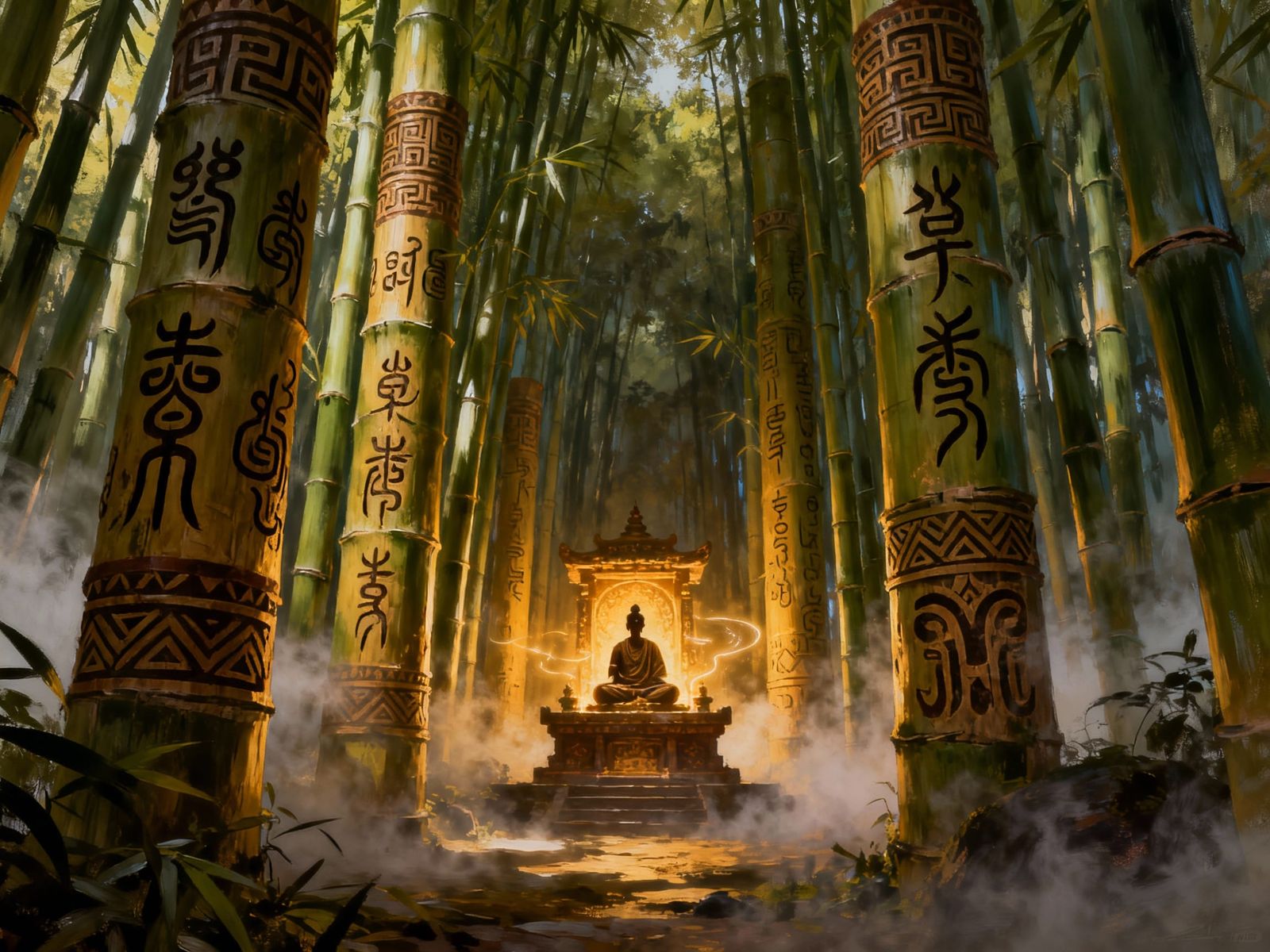 Mystical Afro-Asian Bamboo Shrine Scene