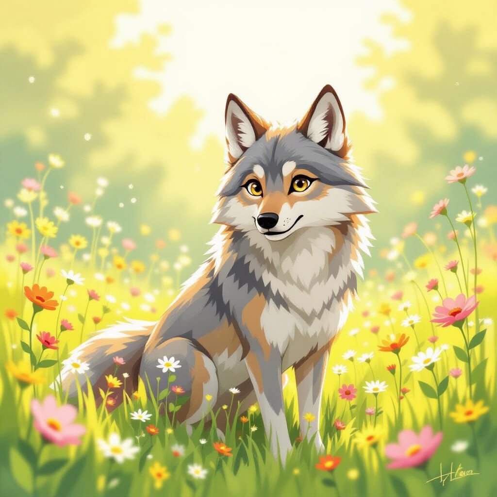 Whimsical Yellow Wolf in Sunlit Wildflower Meadow