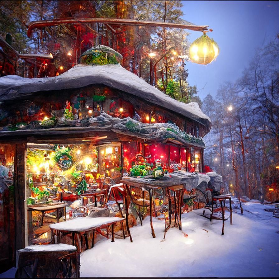 Enchanted Christmas Cafe in Snowy Landscape
