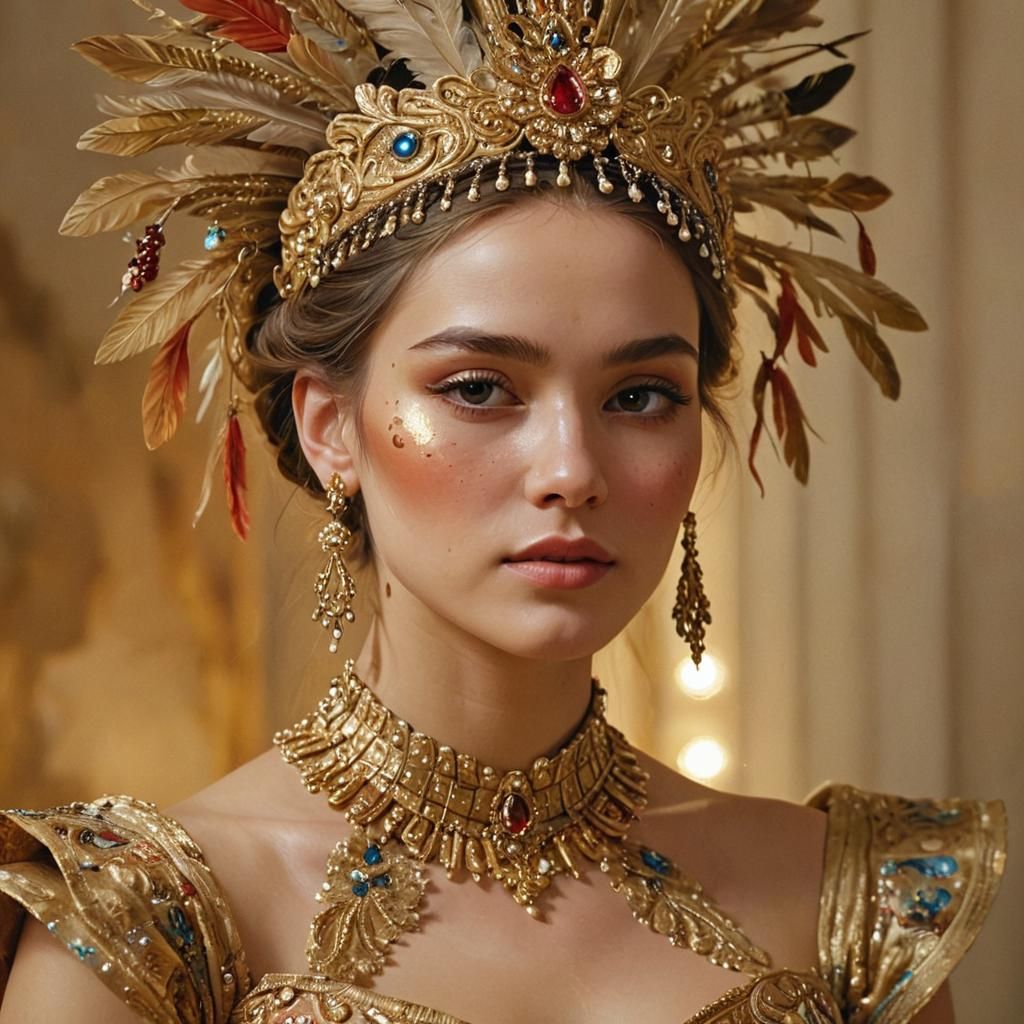 Elegant Woman with Golden Jewelry as Oil Painting
