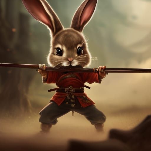 Cute Bunny Samurai vs Monster: Fantasy Concept Art