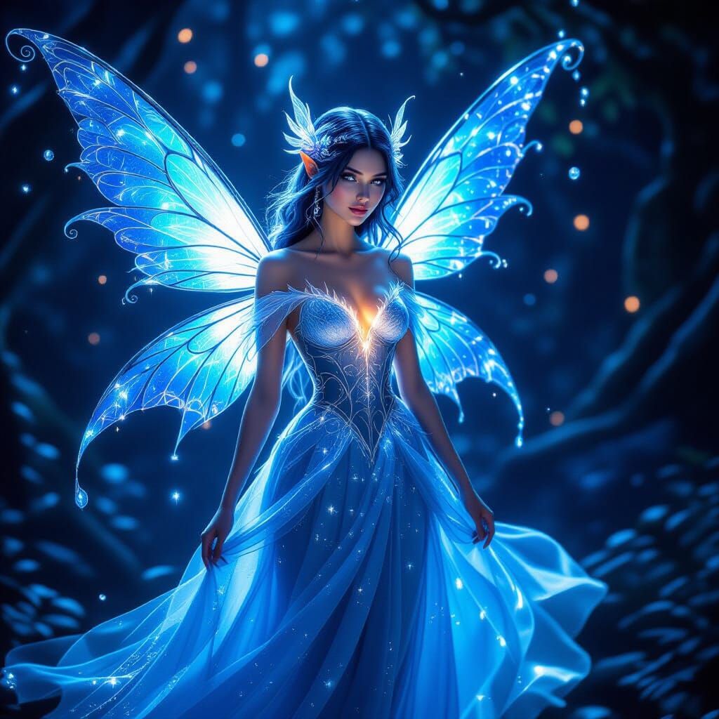 Ethereal Blue Fairy with Crystal Wings in Magical Atmosphere