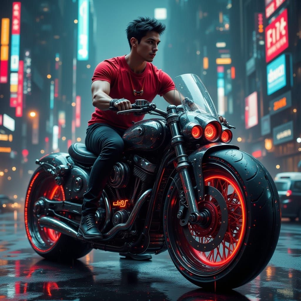 Futuristic Glass Motorcycle in Neon Cityscape