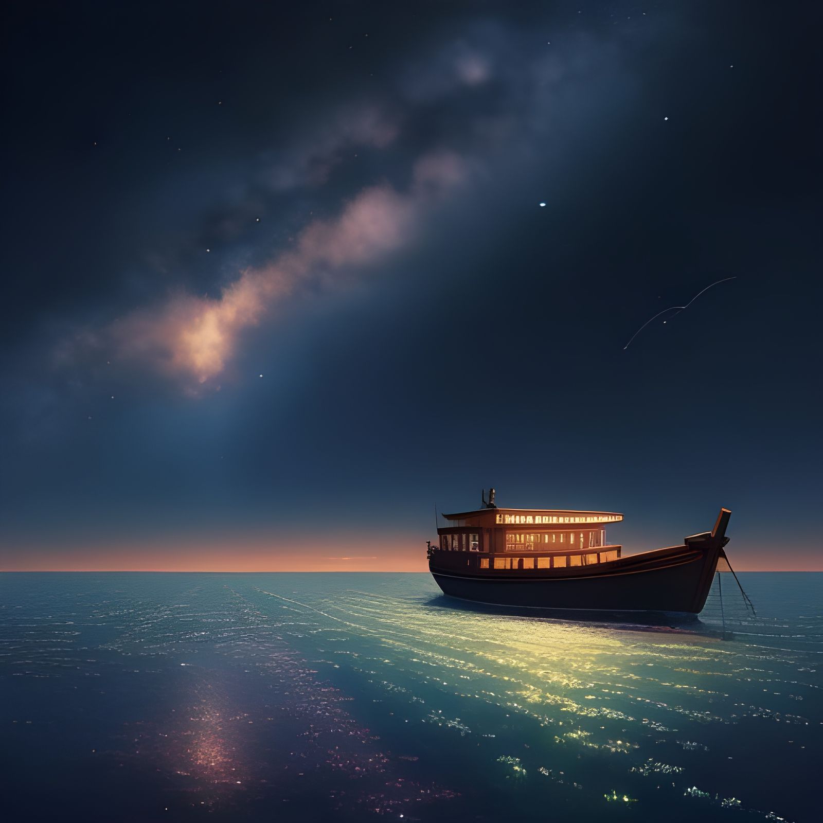 Anime Boat Under Northern Star, Ghibli Style