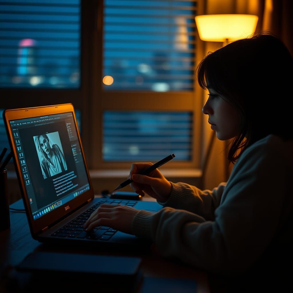Brunette Woman Working on Laptop at Night