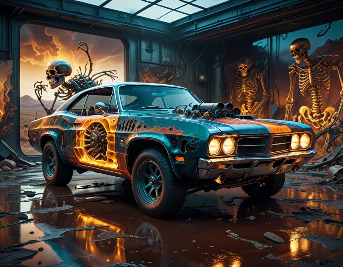 Industrial Surrealism: Skeleton Vehicle in Dali Landscape