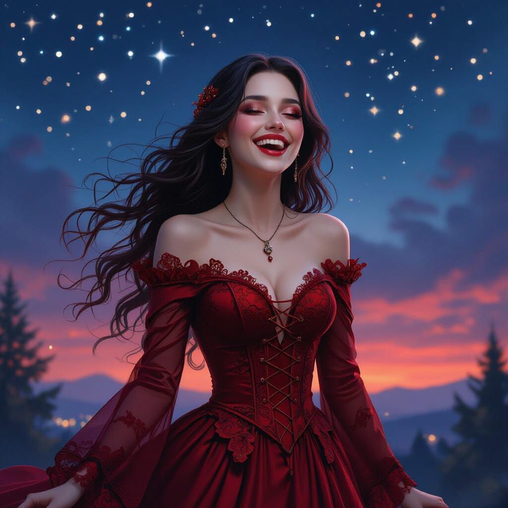 Gothic Vampire Woman Laughing Under Starry Night Sky
