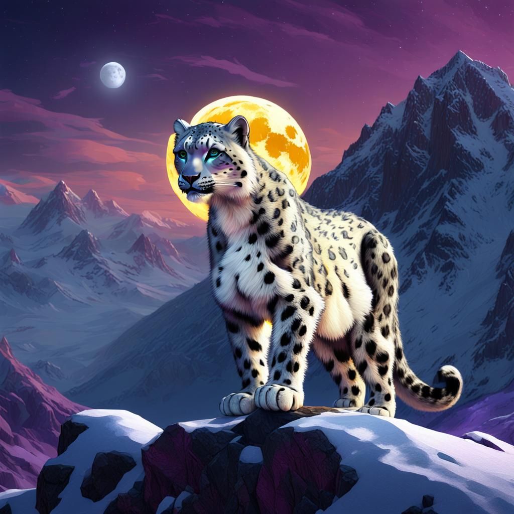 Snow Leopard Moonlit Mountain Scene in Dark Fantasy Style