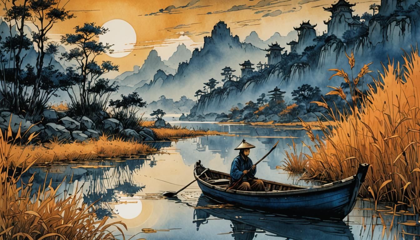 Small Boat on Lake in Traditional Chinese Style