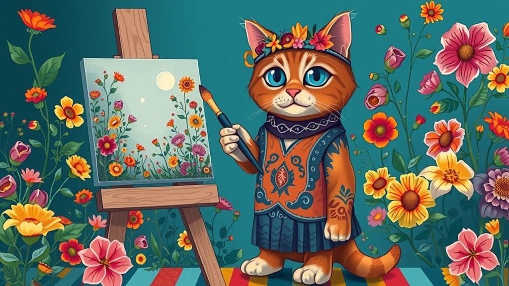 Whimsical English Folk Cat in Vibrant Floral Kilt