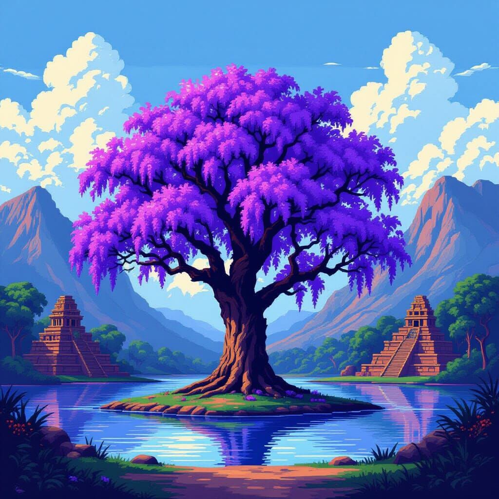 Ancient Jacaranda Tree and Aztec Temples in Pixel-Art