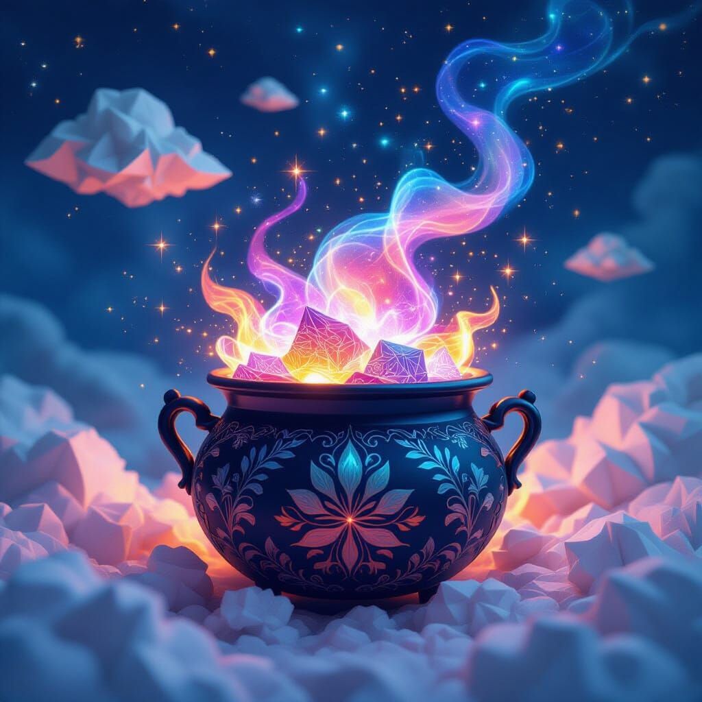 Cosmic Cauldron with Iridescent Elements, in Surreal Style