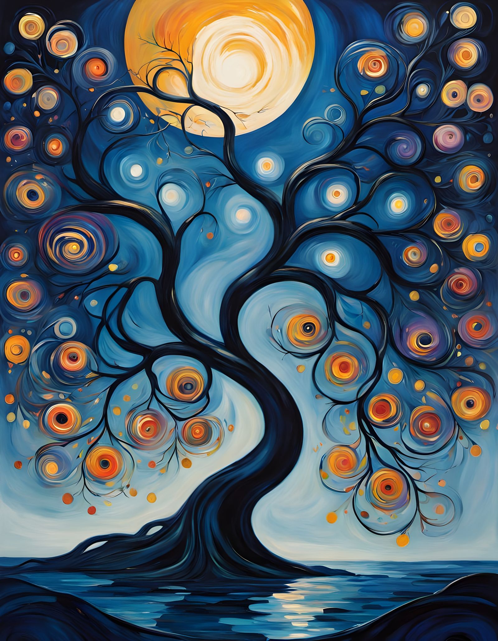 Twisted Tree Frames Full Moon in Vibrant Expressionism