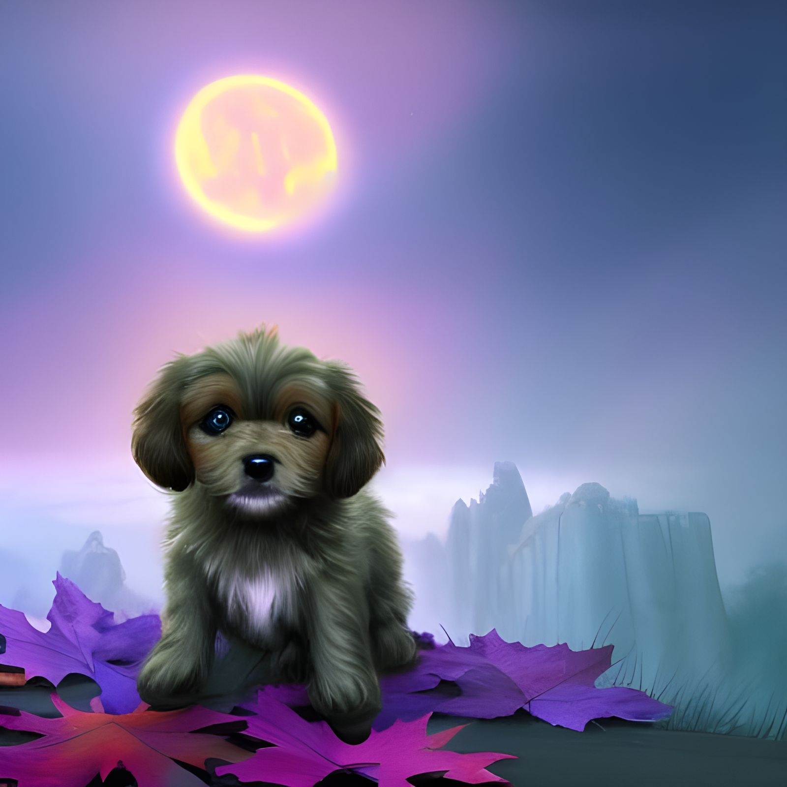 Puppy in Autumn Night, Detailed Digital Painting