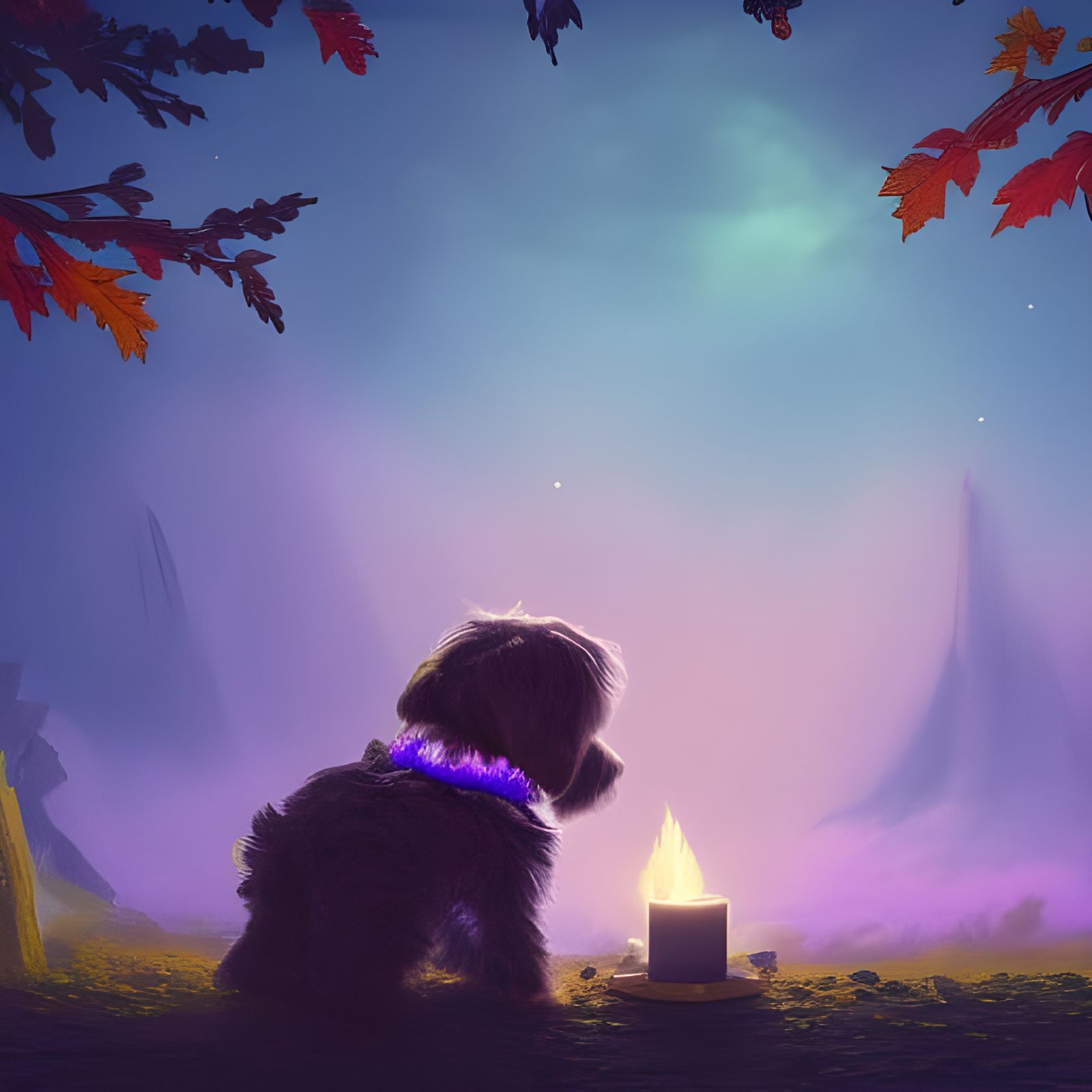 Cute Puppy Dog with Fireplace in Fantasy Art
