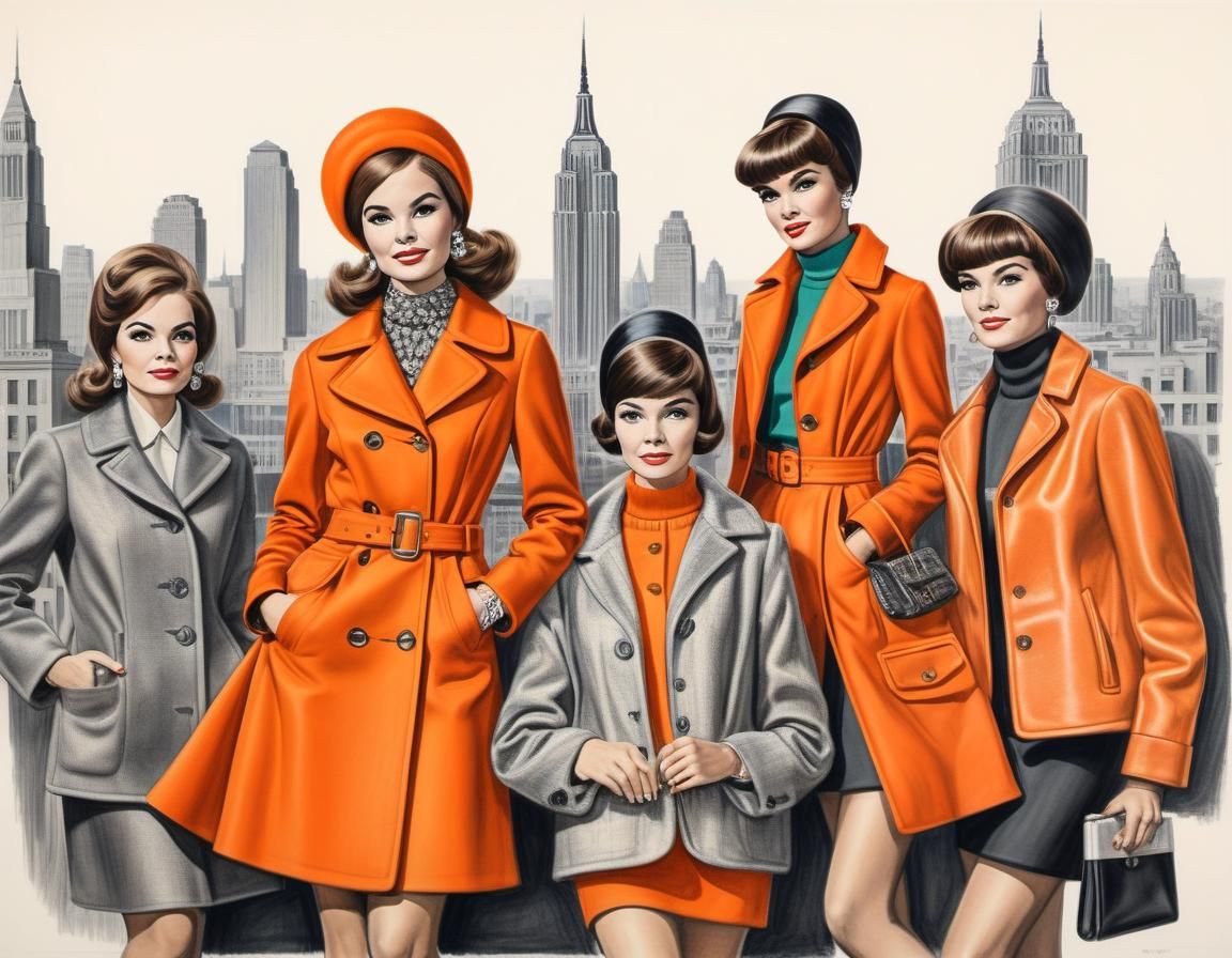 1960s Fashionistas in Orange, Colored Pencil Sketch