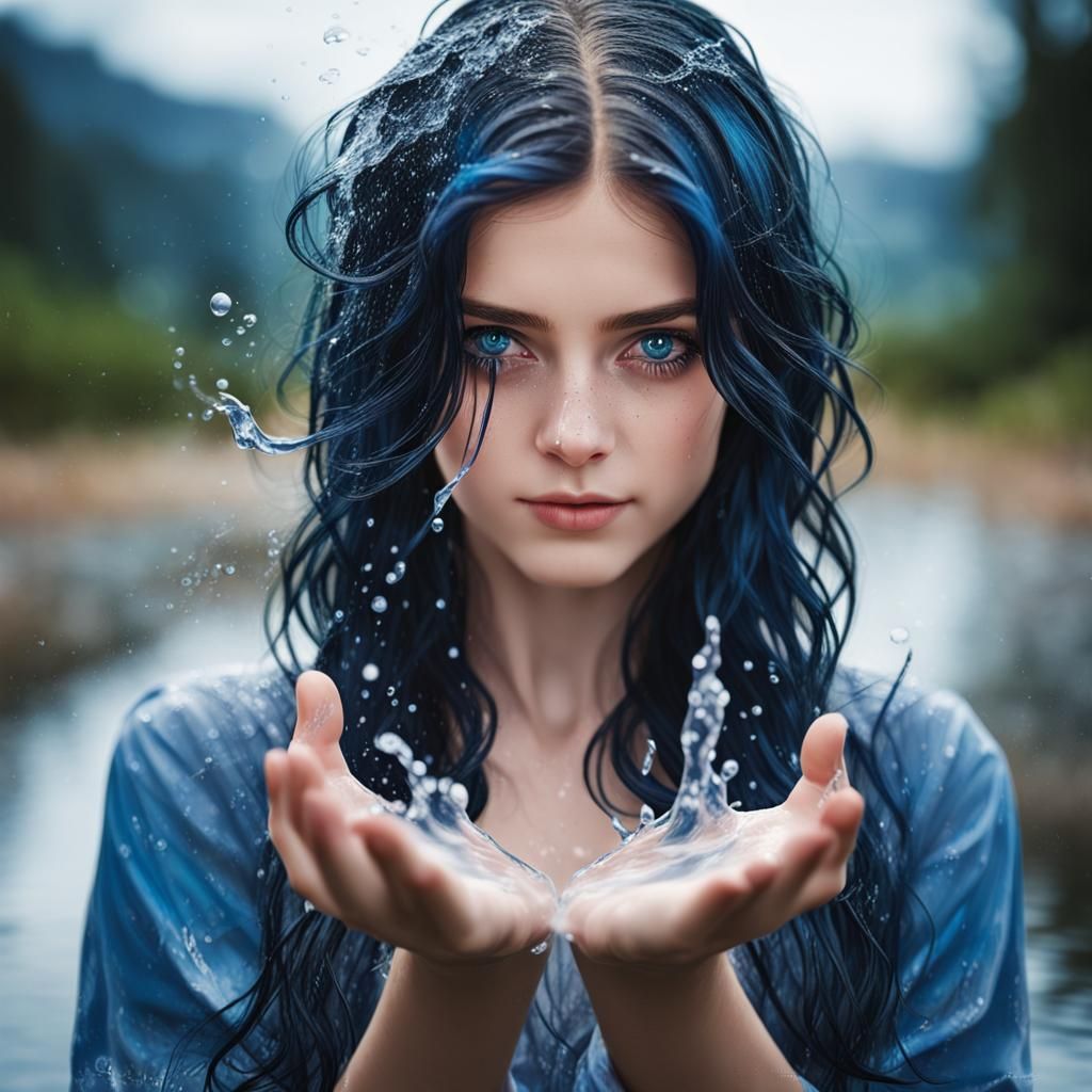 Girl with Blue Hair Conjuring Water