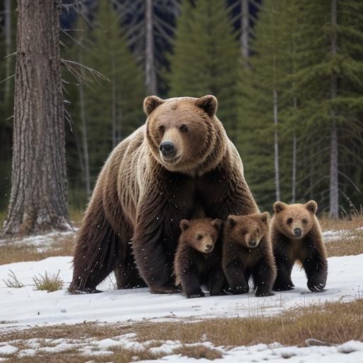 Grizzly Bear and Cubs in Forest Clearing