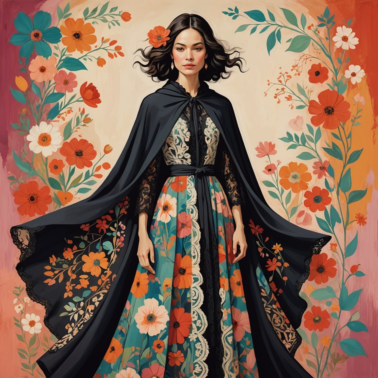 Elegant Woman in Floral Dress: Folk Art Impression