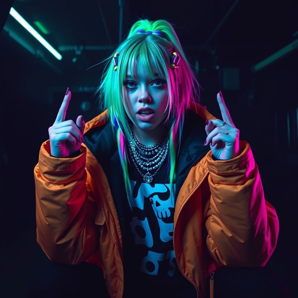 Billie Eilish in Streetwear with Neon Accents