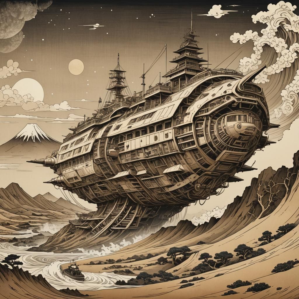 Alien Ship Cutaway in Ukiyo-e Style