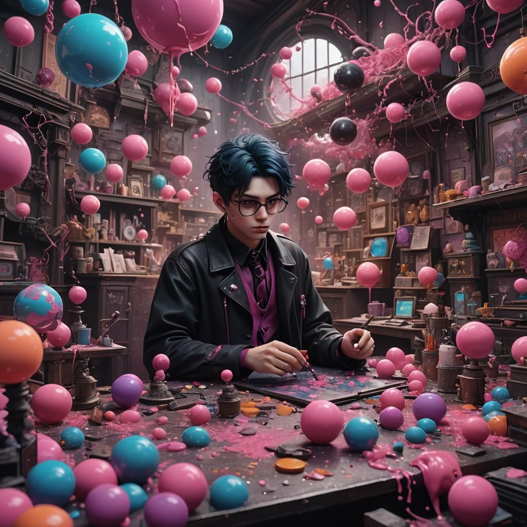 Bubblegum Goth Boy at Work: Detailed Matte Painting