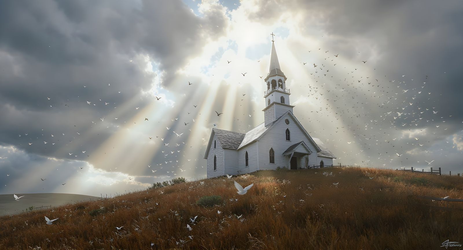 Heavenly Light over Country Church with Doves
