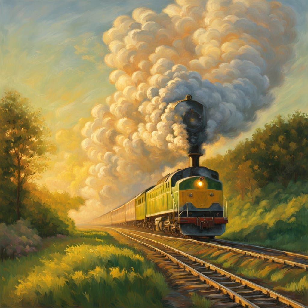 Train Speeds Through Lush Countryside in Warm Golden Light