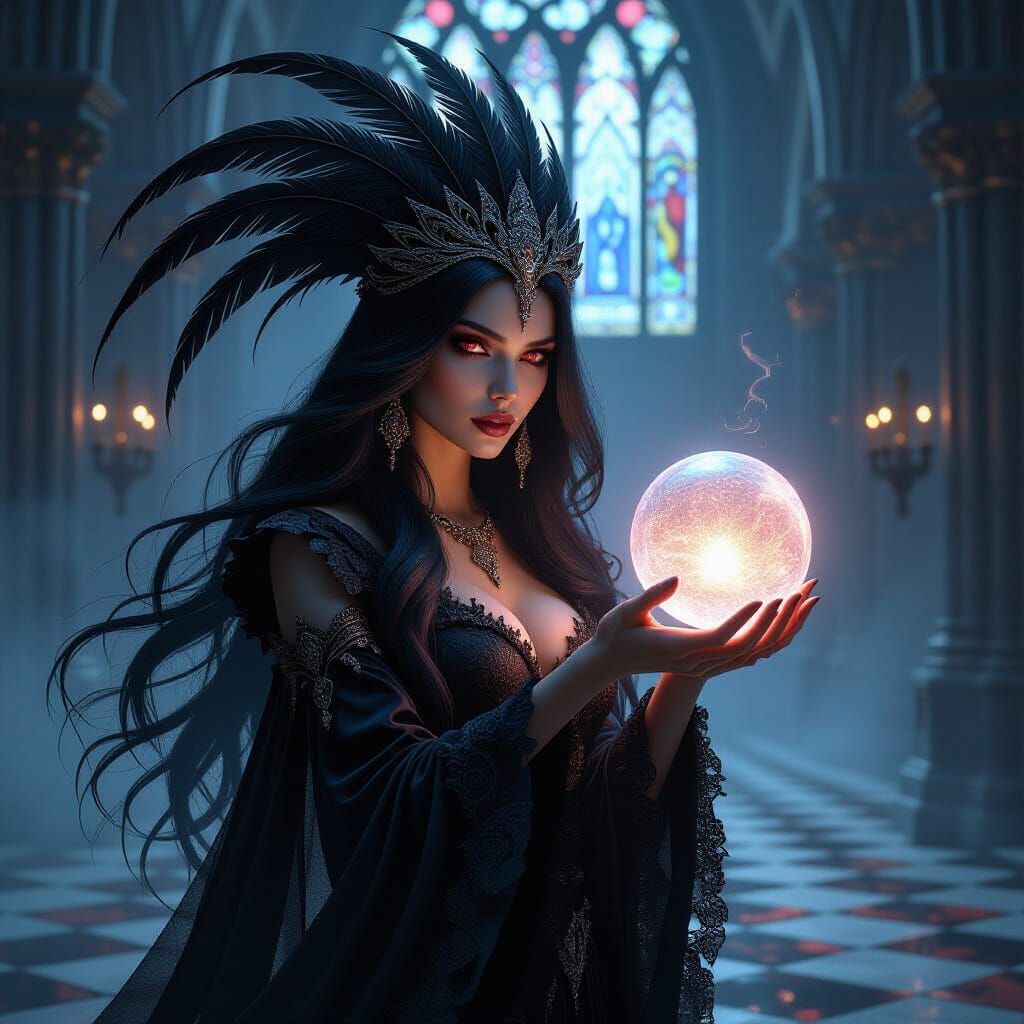 Sorceress in Gothic Cathedral with Crystal Ball