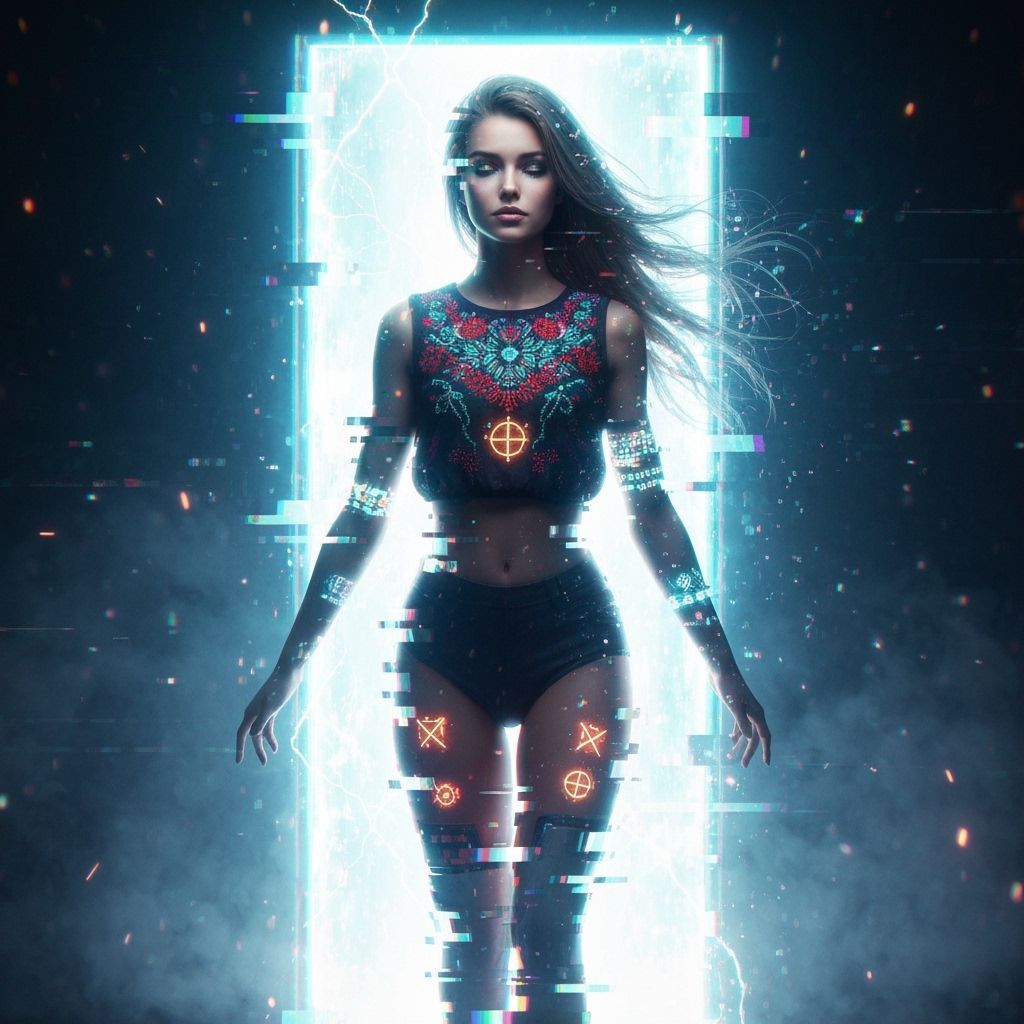 Woman Emerges from Glitching Portal in Cyberpunk Style