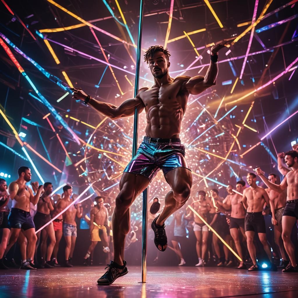 Dynamic Pole Dance in Neon Lit Nightclub