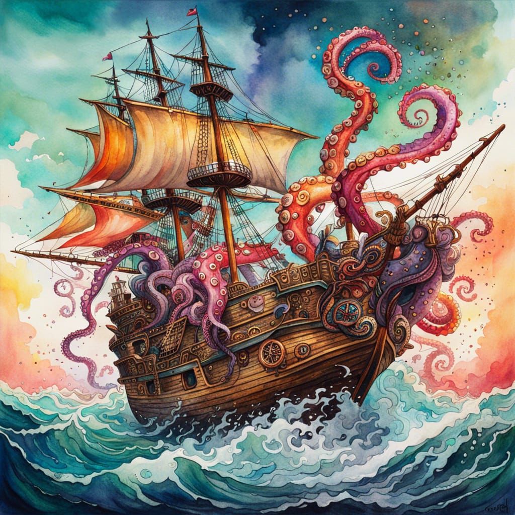 Kraken Tentacles Pulling Pirate Ship: Watercolor Painting