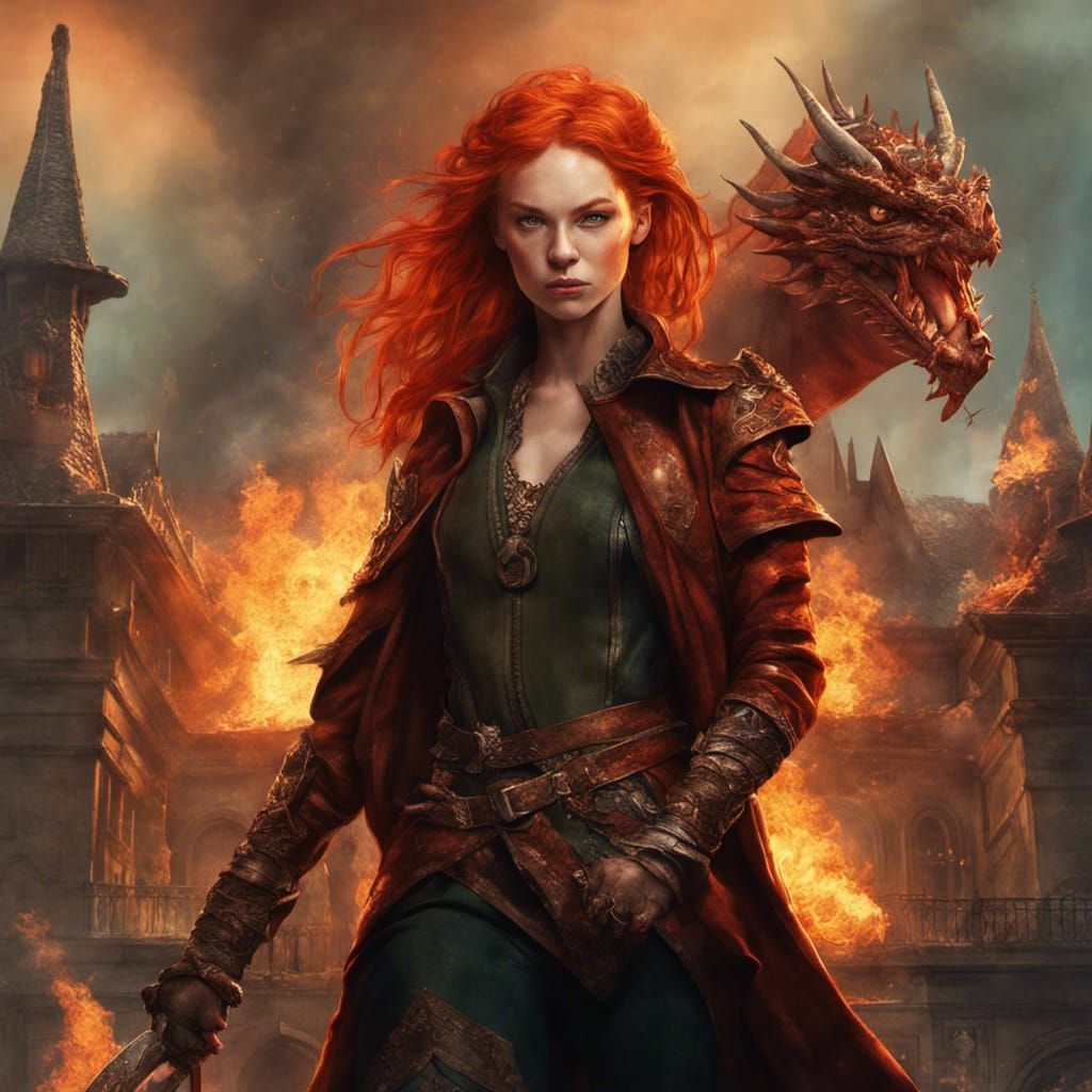 Elven Warrior with Dragon in Burning City