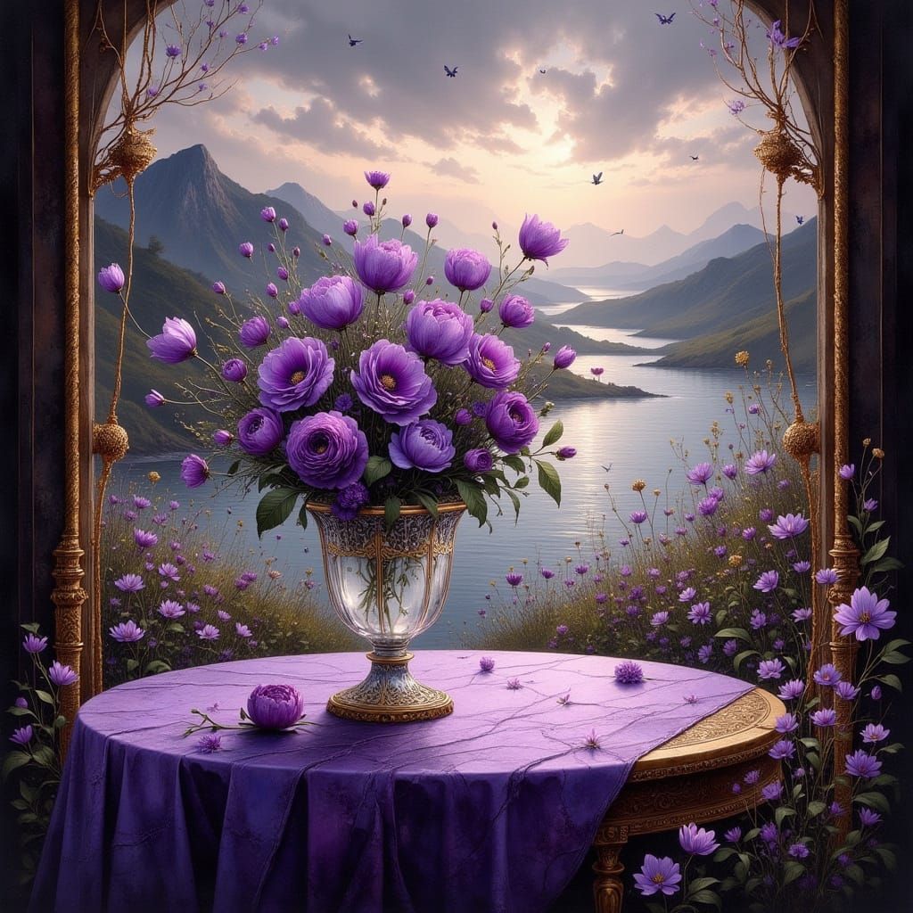 Vase of Purple Flowers in Ethereal Romanticism Style