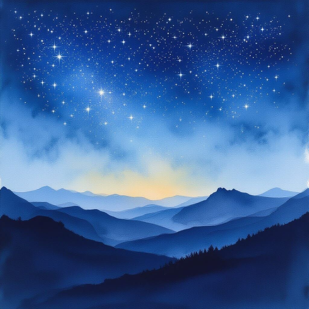 Watercolor Horizon with Black Mountains and Starry Sky