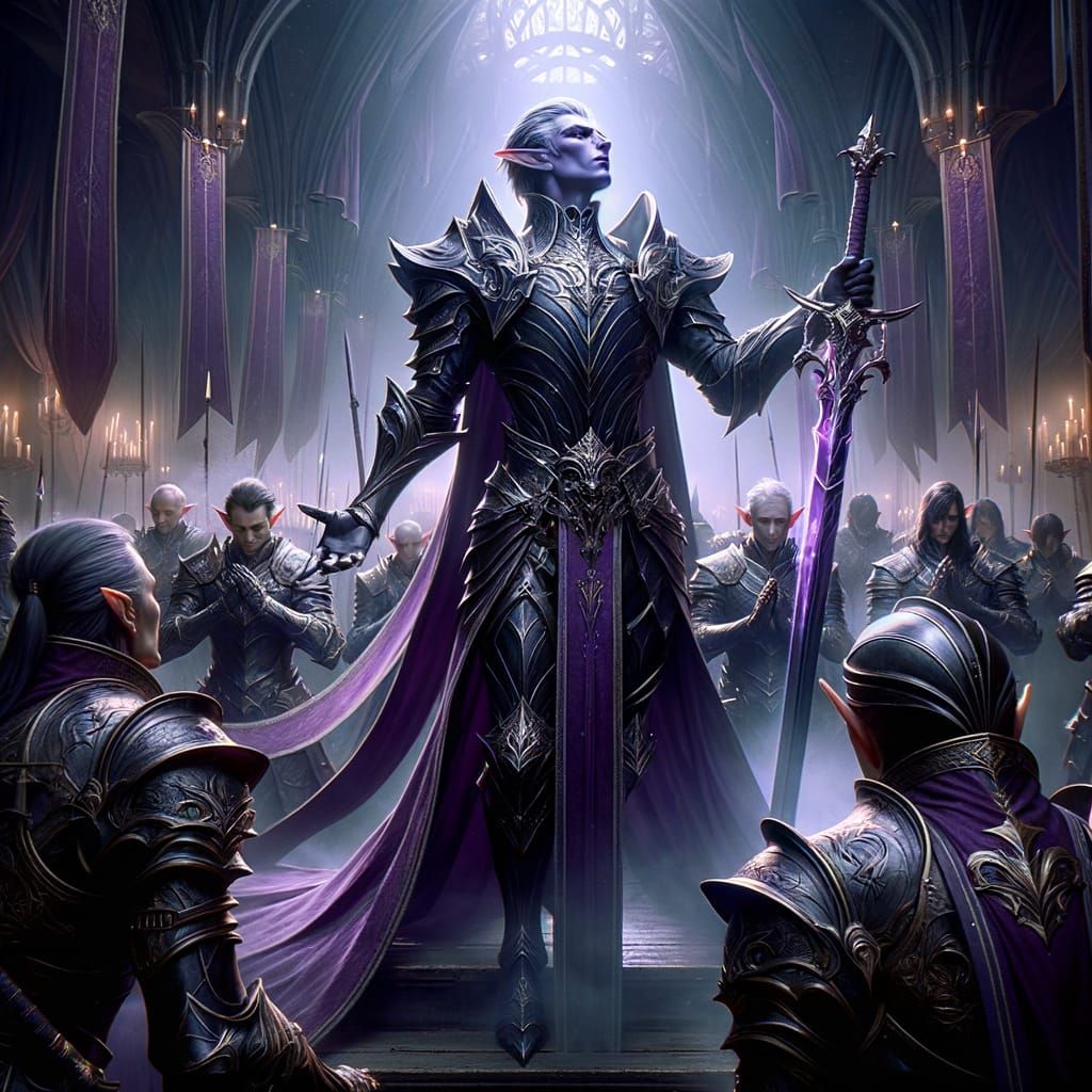 Dark Elf Tyrant Raises Blade with Knightly Entourage