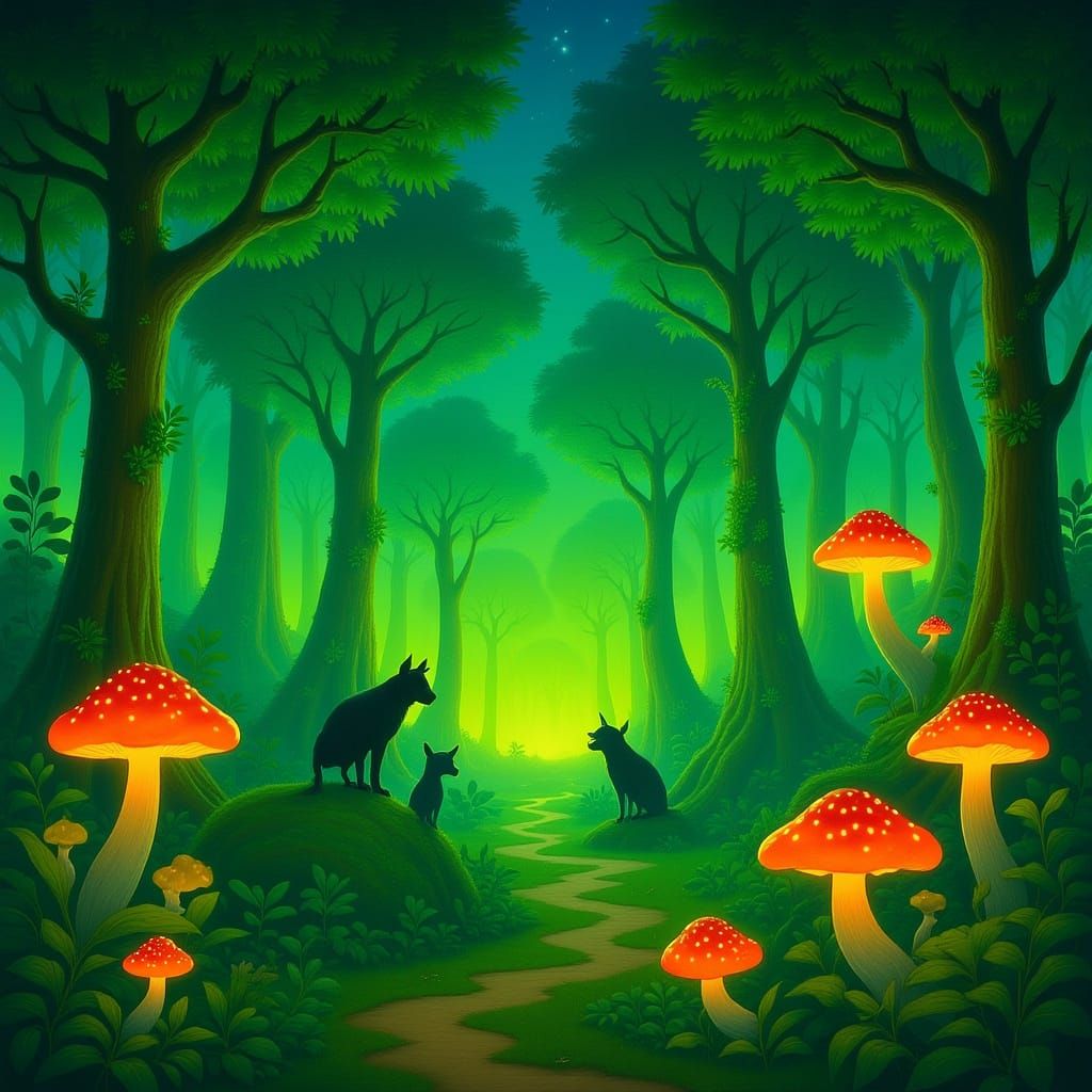 Neon Bioluminescent Rainforest in Storybook Style