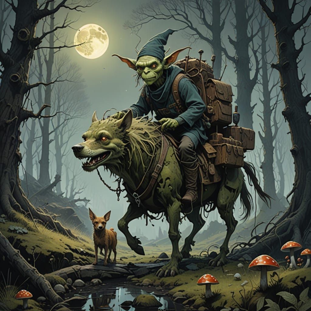 Whimsical Goblin Rides Loyal Canine Companion in Enchanted F...