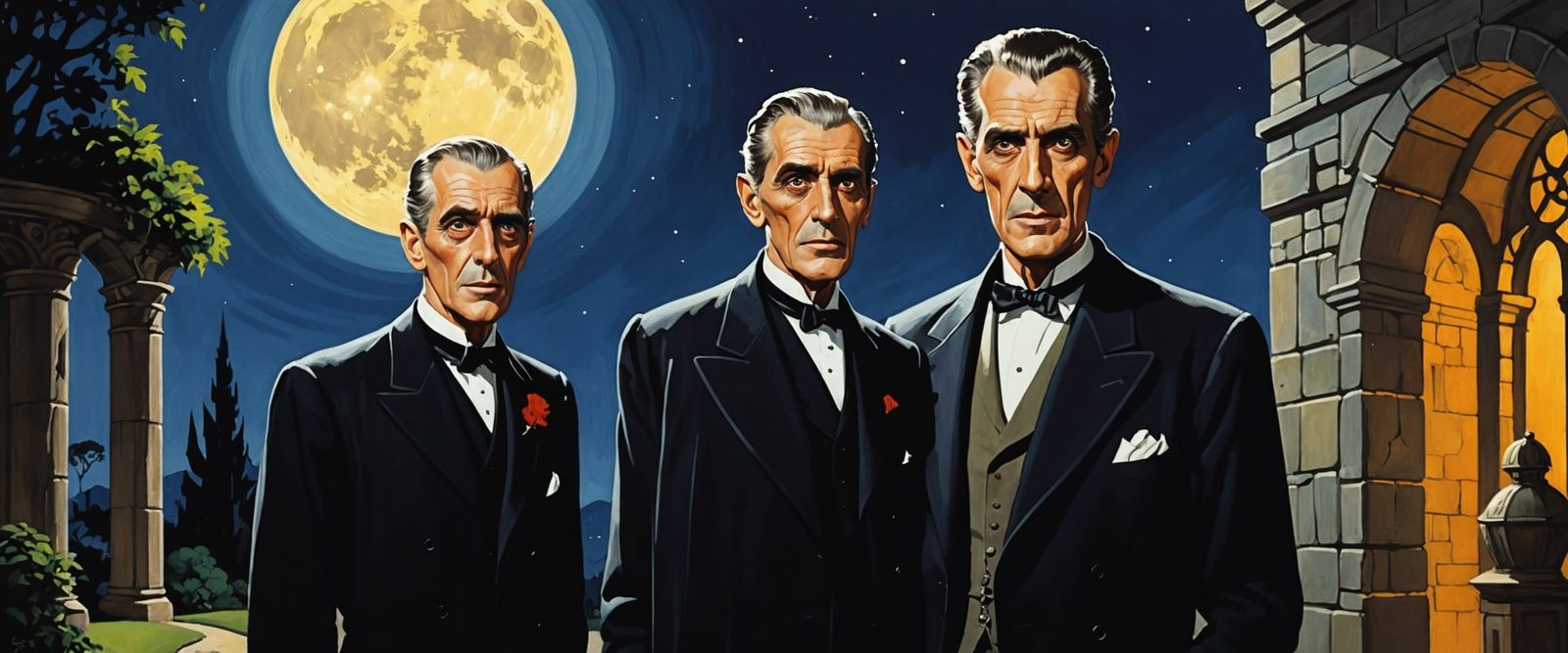 Classic Horror Actors in Moonlit Crypt as Gouache Watercolor