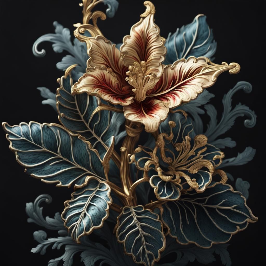 Enamel Botanical Illustration with Gilded Filigree Accents