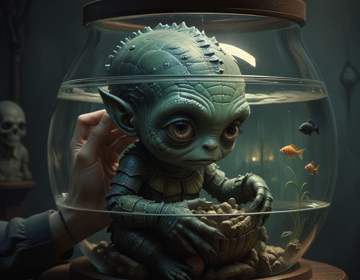 Chibi Creature from the Black Lagoon in a Fishbowl