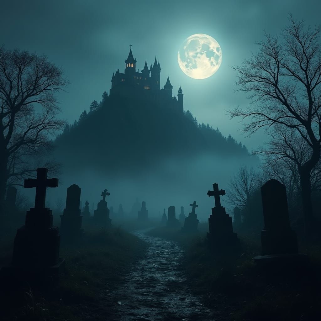 Spooky Cemetery and Horror Castle in Fog