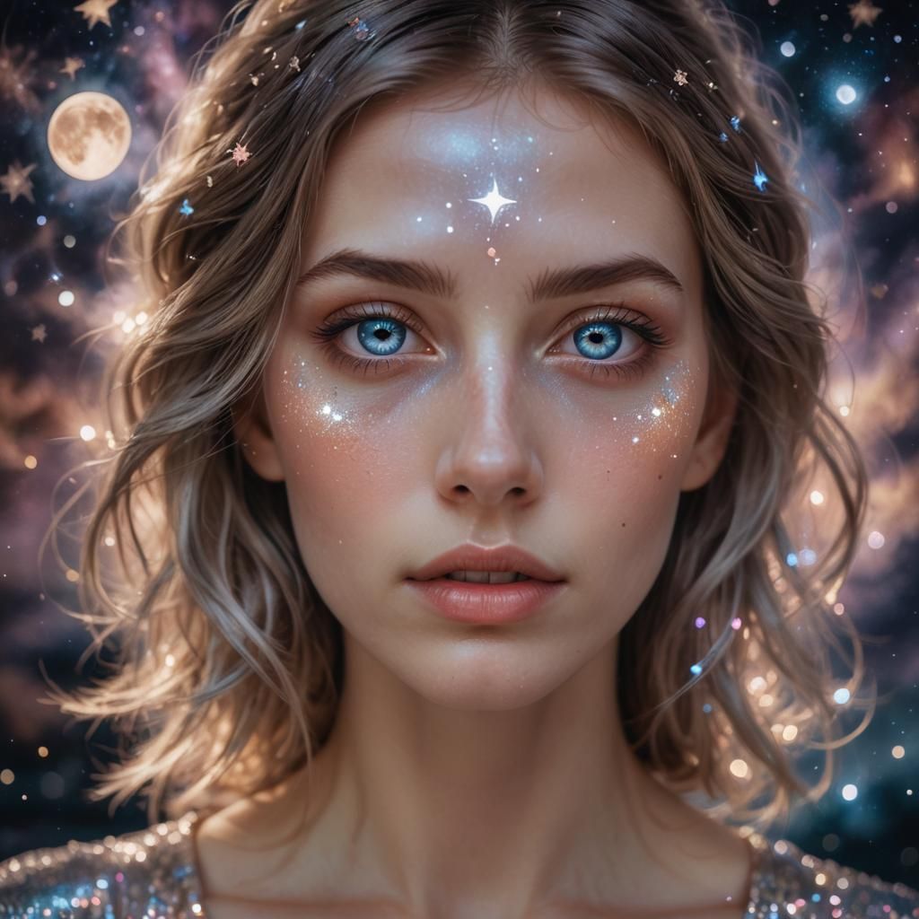 Woman with Mirror Eyes Reflecting Starry Night