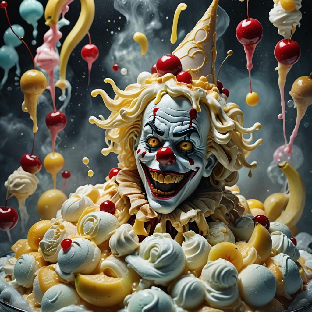 Creepy Clown Emerges from Banana Sundae: Surreal Digital Art